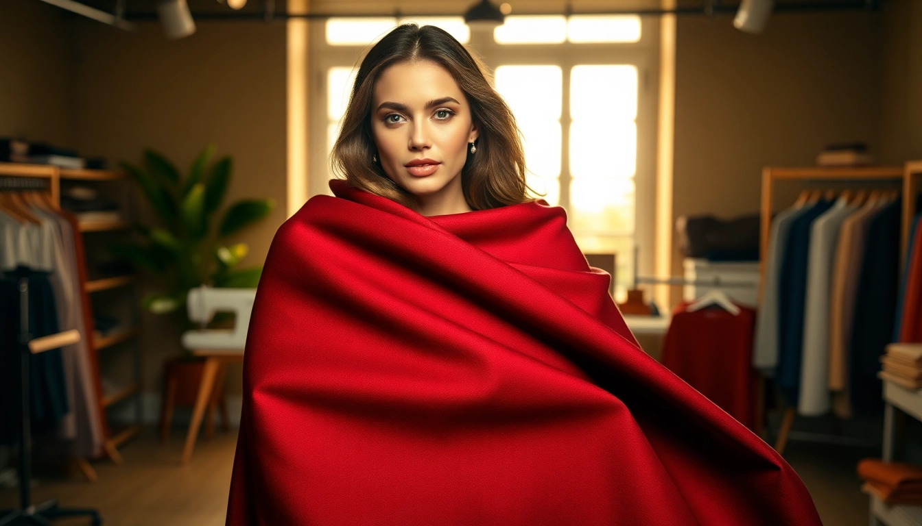 Punta di Roma stof met rijke textuur en kleuren, gepresenteerd door een model in een mode studio.
