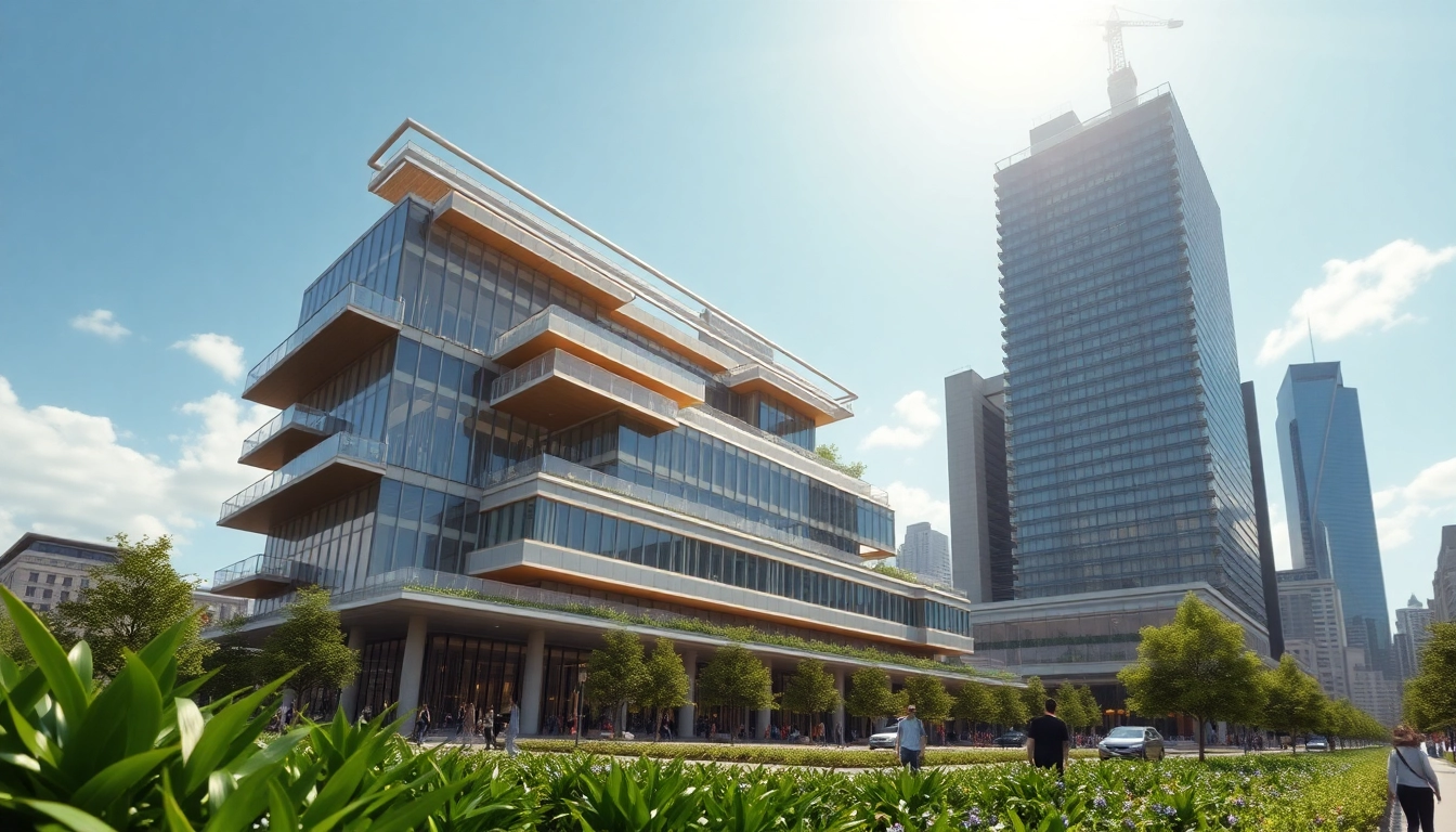 Architekturvisualisierung eines modernen Gebäudes in einer urbanen Umgebung mit beeindruckenden Details.