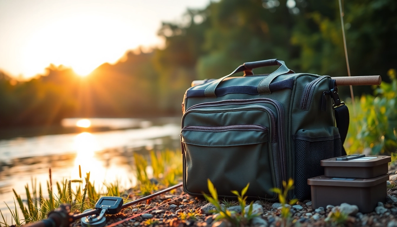 Display your fly fishing bag with functional features in a tranquil riverside setting.